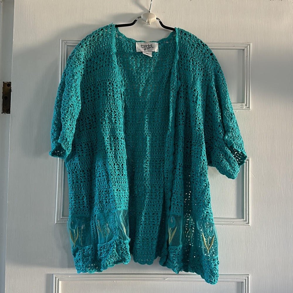 Blue Crochet Short Sleeve Sweater - Picture 2 of 5